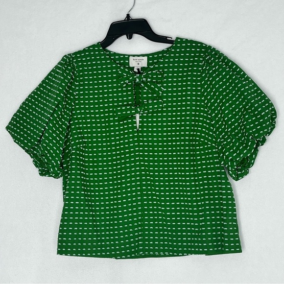 kate spade Tops - NWT Kate Spade Blouse Textured Polka Dot Bow Front Puff Sleeve Green Top Size L